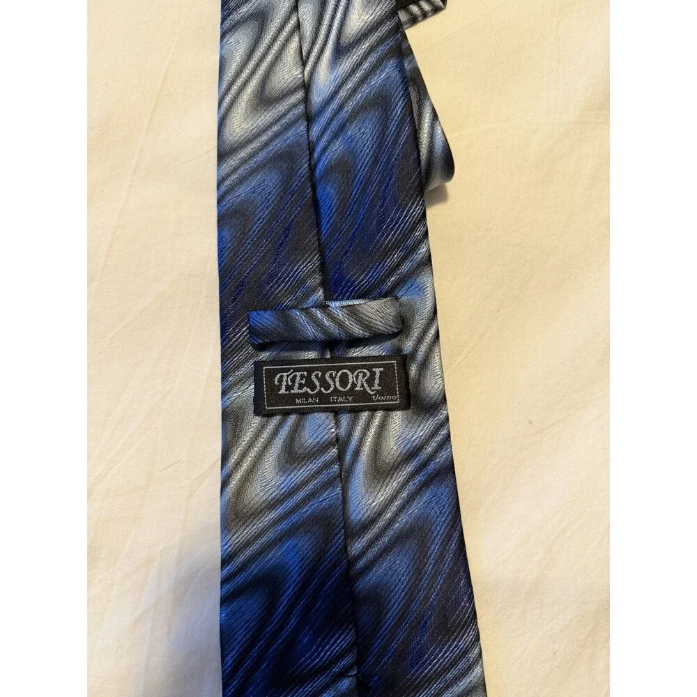 Tessori Milan Italy Abstract Blue And Black Tie With Pocket Square Men’s
